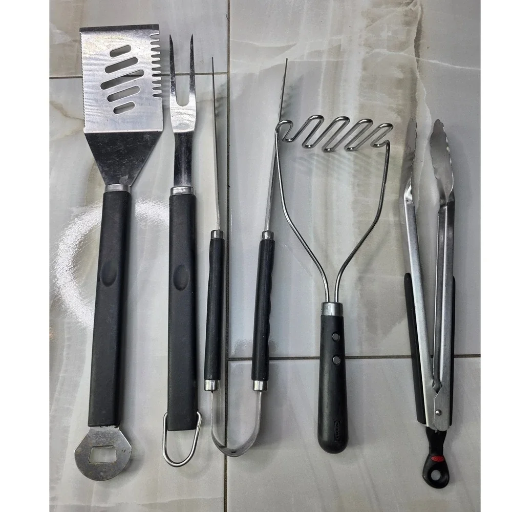 Mixed Kitchen Utensil Set IKEA Potato Masher OXO Tongs BBQ Spatula Fork 5pc P4